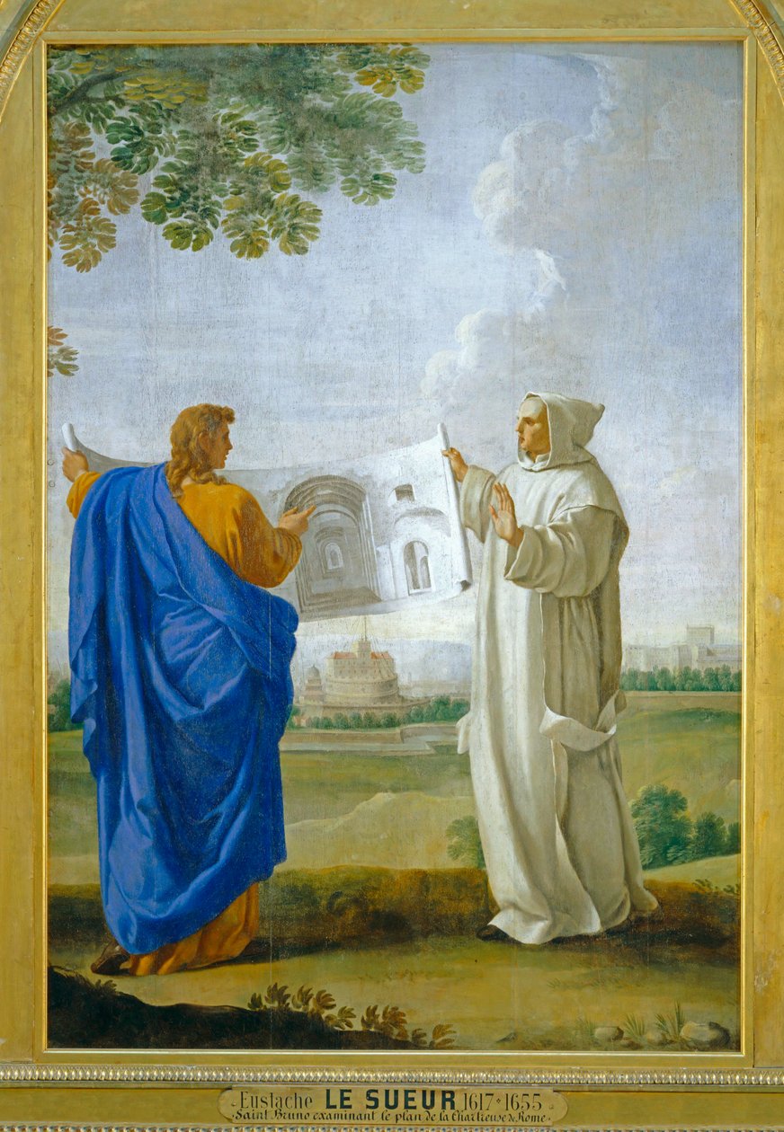 Saint Bruno examining a drawing of the thermal baths of Diocletian, future site of the charterhouse of Rome by Eustache (studio of) Le Sueur