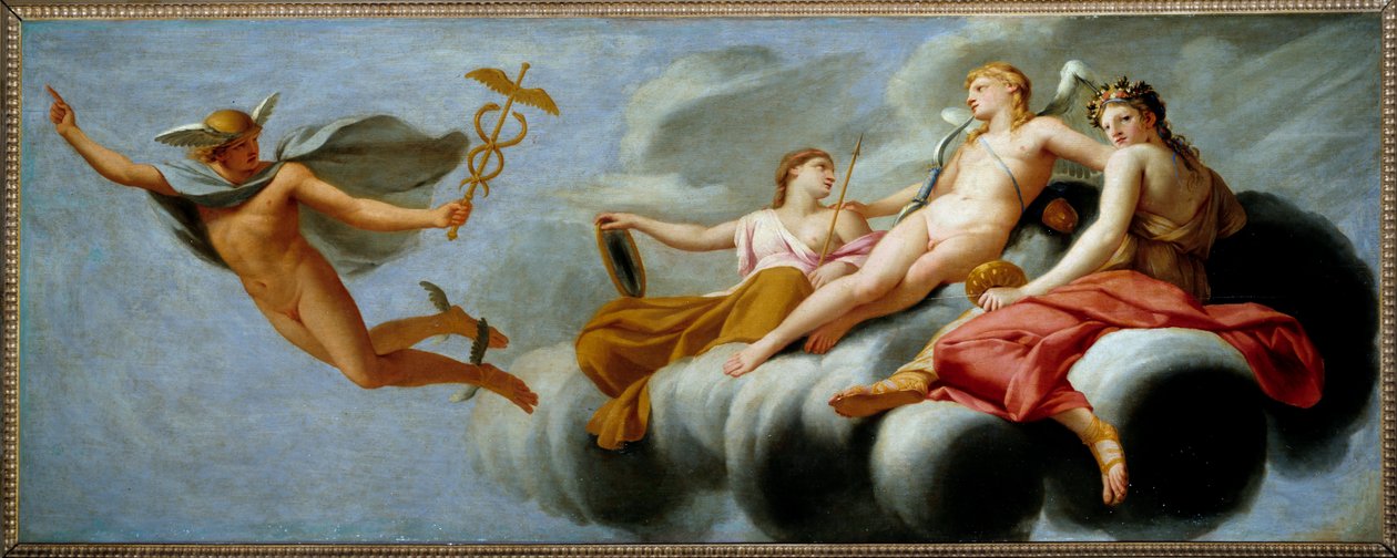 Cupid orders Mercury to announce his power to the universe Hermes has lapsed his attribute by Eustache Le Sueur