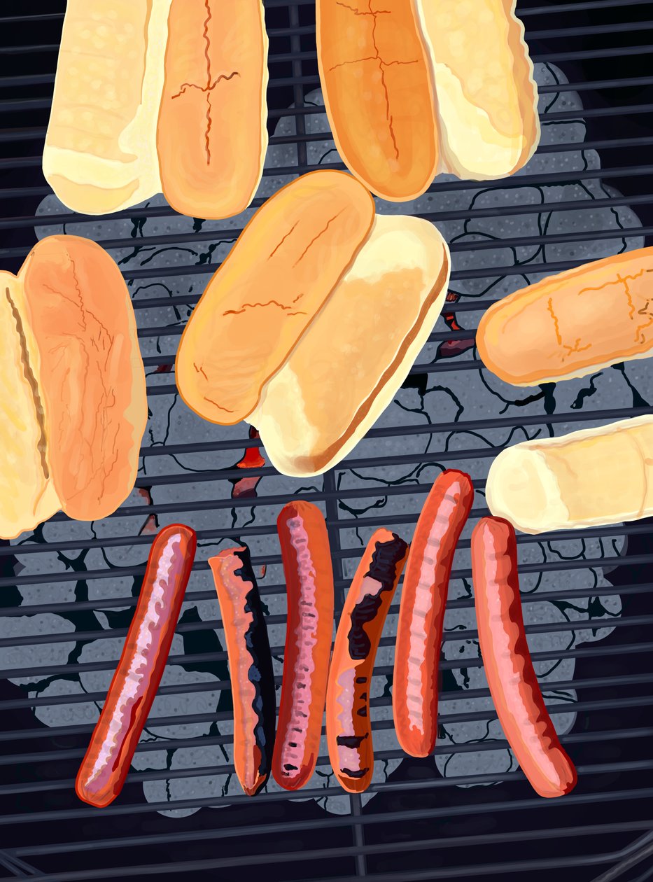 6 Hot Dogs on Grill, South Side of Street by Evan Sklar