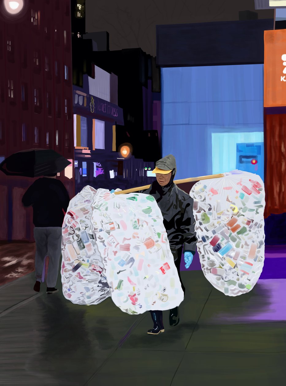 Man Collecting Cans at Night by Evan Sklar