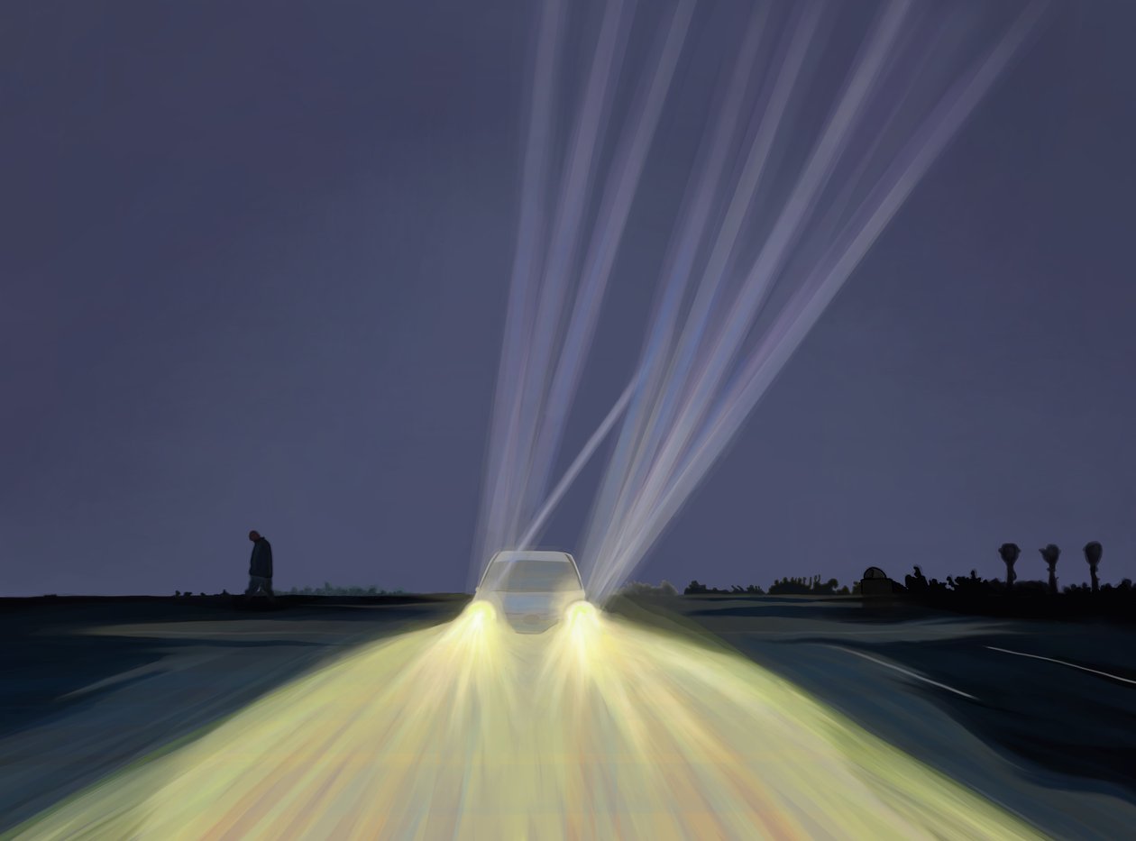 Man Walking in Parking Lot of Lighthouse Beach at Night, Chatham, Mass by Evan Sklar
