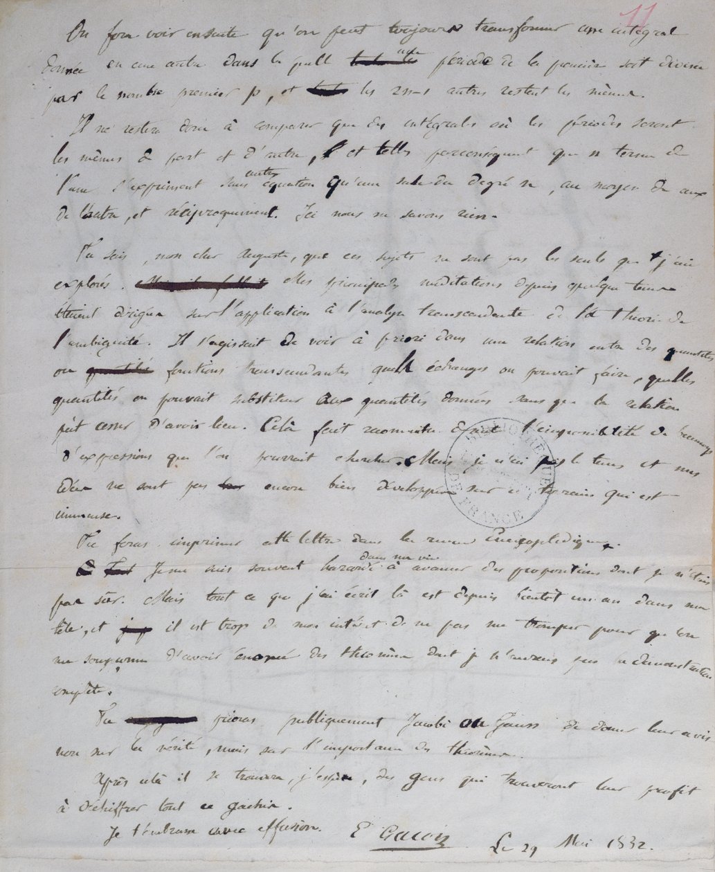 Ms 2108 fol.11r Letter from Gallois to Auguste Chevalier, 29th May 1832 by Evariste Gallois