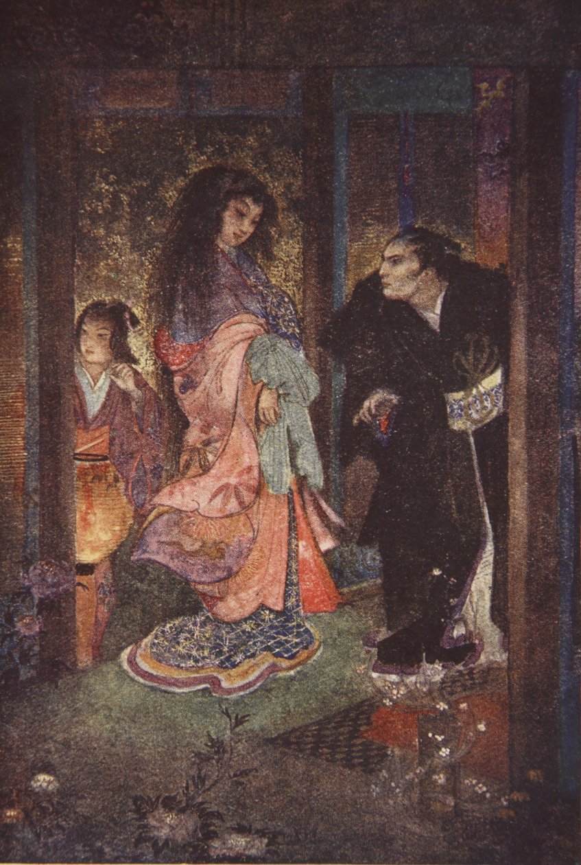 Shinzaburo recognised Tsuyu and her maid Yone, illustration from 