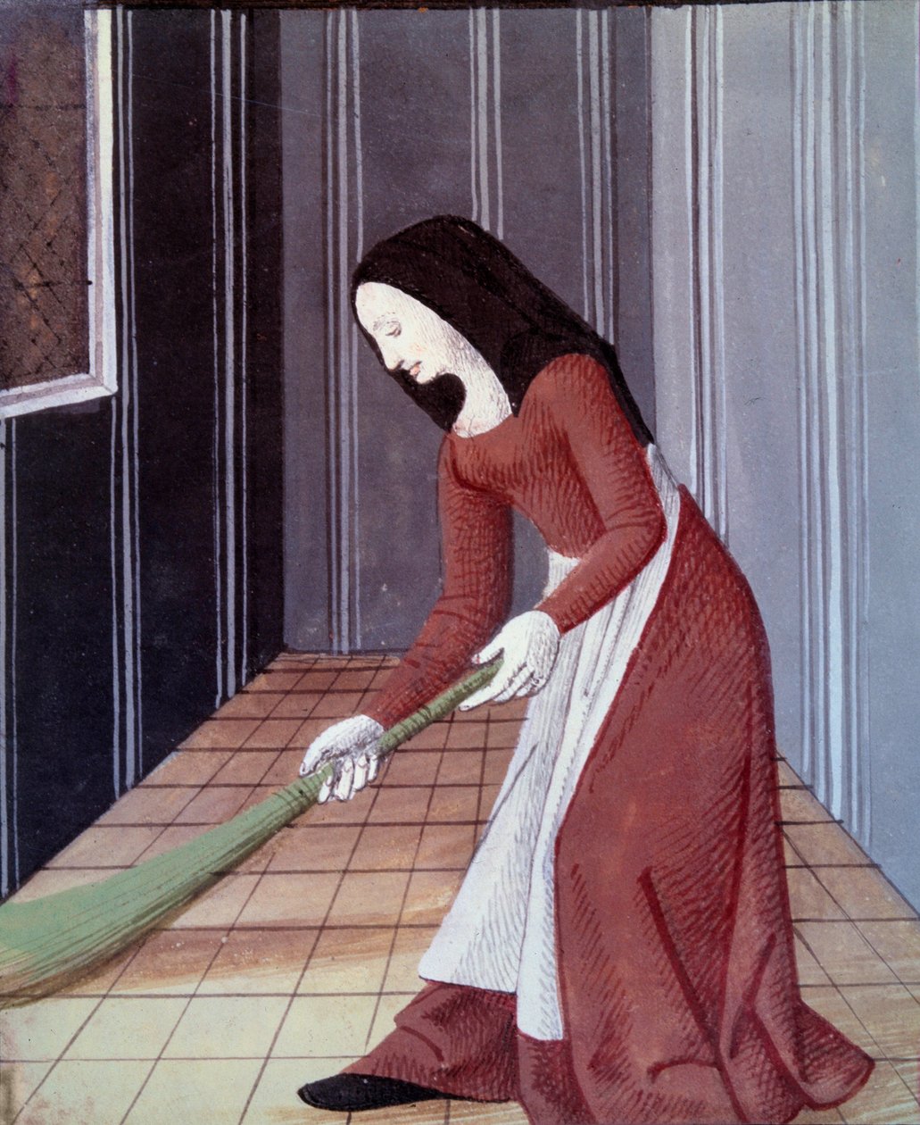 French society in the Middle Ages: A handmaid sweeping by Everard de Espinques