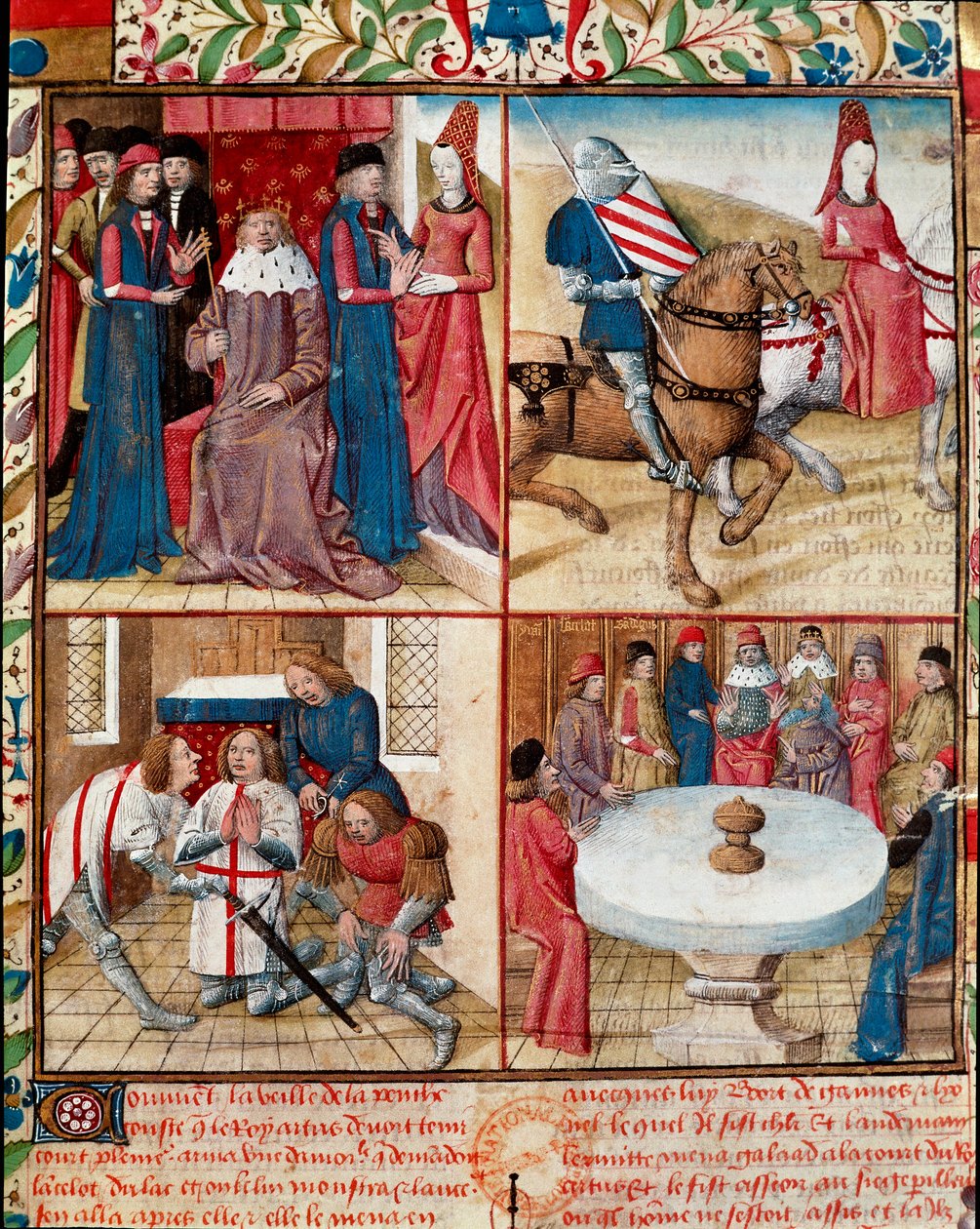 King Arthur holding court, Lancelot led by a lady to the abbey, softening from Galahad to the abbey and the knights of the Round Table around the Holy Grail Manuscript page 