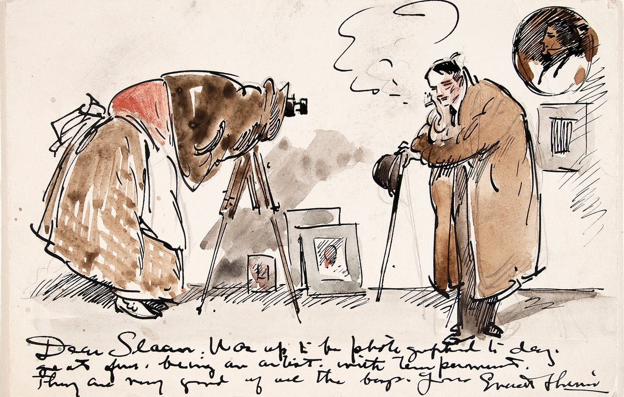 Caricature of Shinn being photographed by Gertrude Kasebier by Everett Shinn