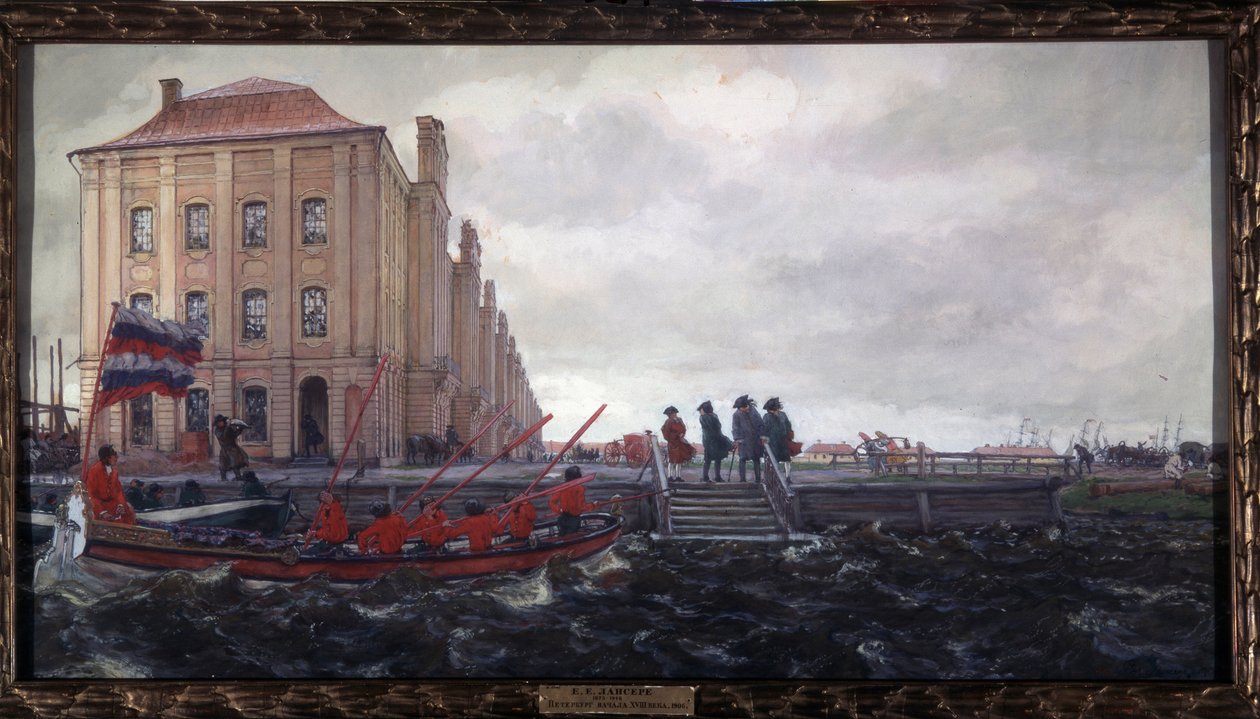 Saint Petersburg at the Beginning of the 18th Century. The Twelve Collegia Building. Description of a Quay on the Neva, in Front of the University, Where Men Await the Arrival of a Boat by Evgeni Evgenievitch Lanceray