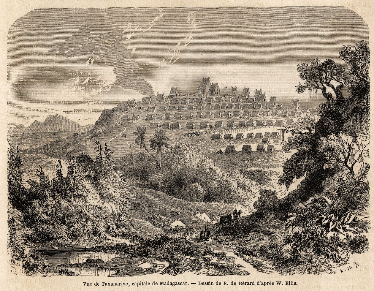 View of Tananarive, capital of Madagascar, drawing by Evremond de Berard, to illustrate Ida Pfeiffer