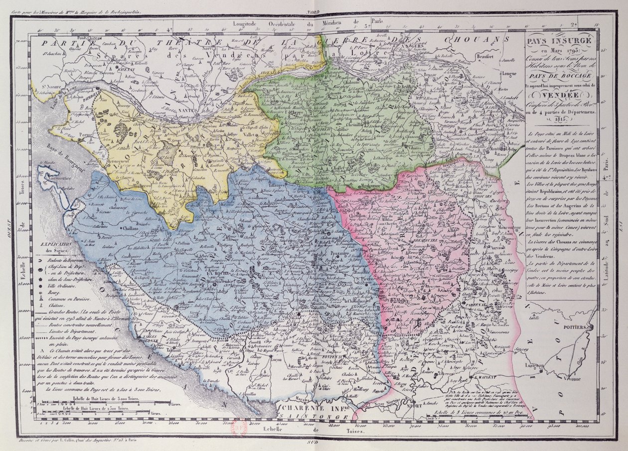 Map of the Vendee Depicting the Area of the Vendean Revolt (1793-96) in March 1793 by F. Colliu