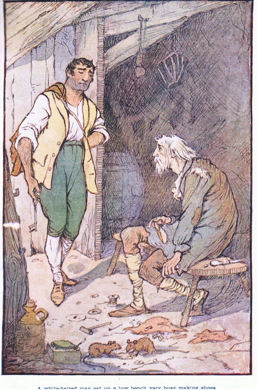 A white haired man sat on a low bench, very busy making shoes by F. M. B. Blaikie