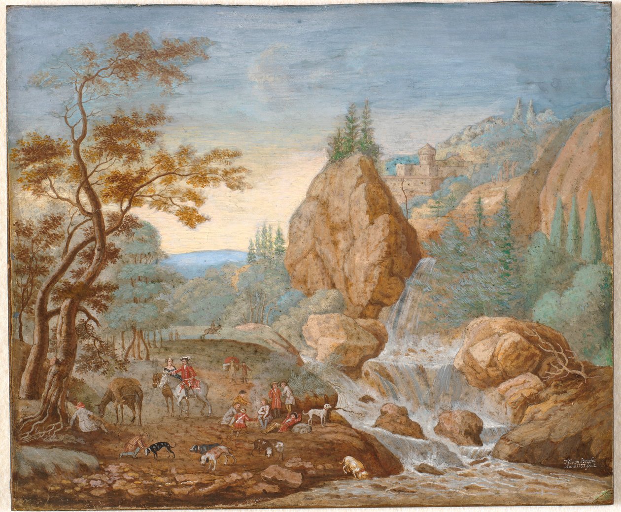 Mountain Landscape with a Hunting Party in the Foreground by F.C. van Bracht