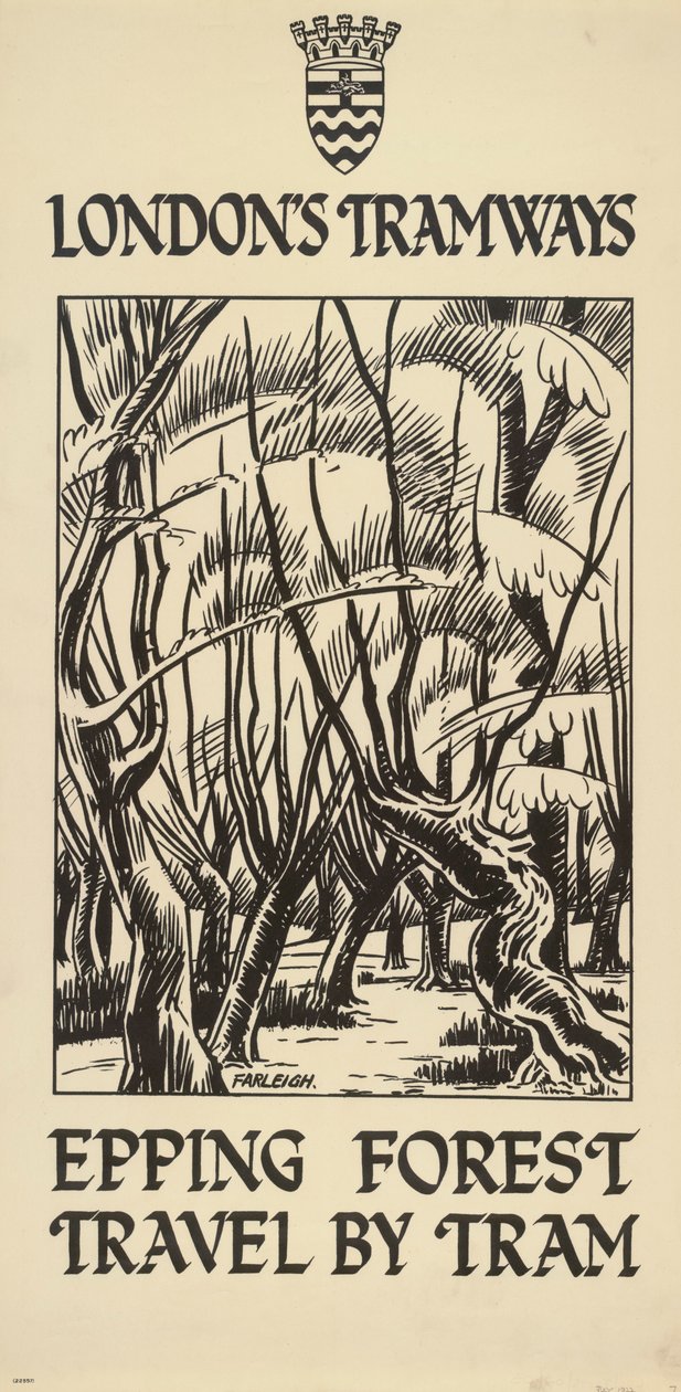 Epping Forest, Travel by Tram, London County Council LCC Tramways poster, 1922 by FW Farleigh