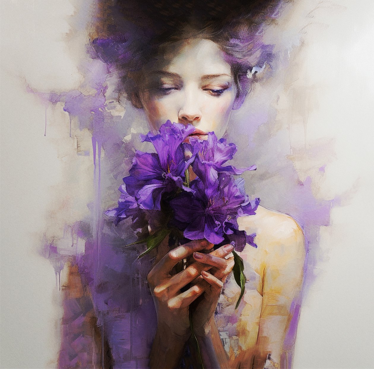 A beautiful woman wears abstract purple flowers by F. Abderrahim