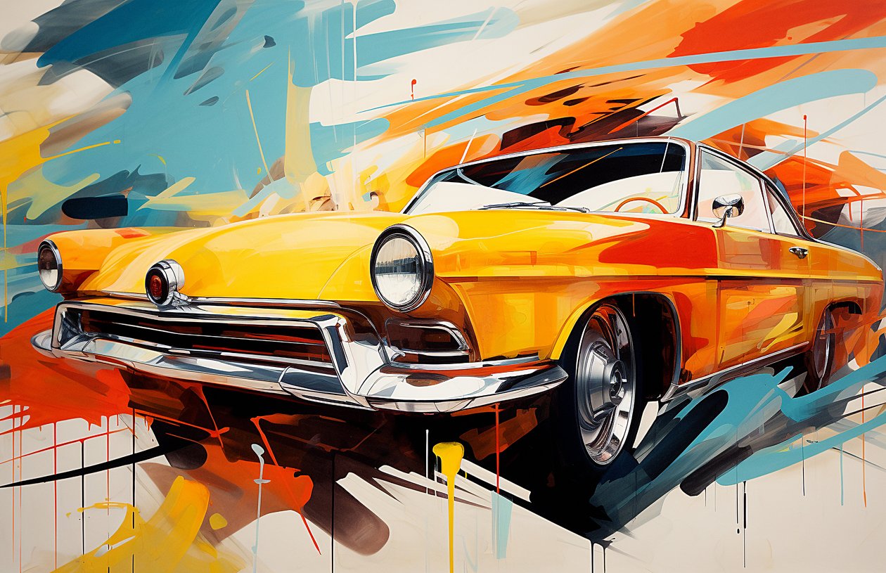 Abstract Old American Car Painting, the 70s & 60s, Wall Art Print by F. Abderrahim
