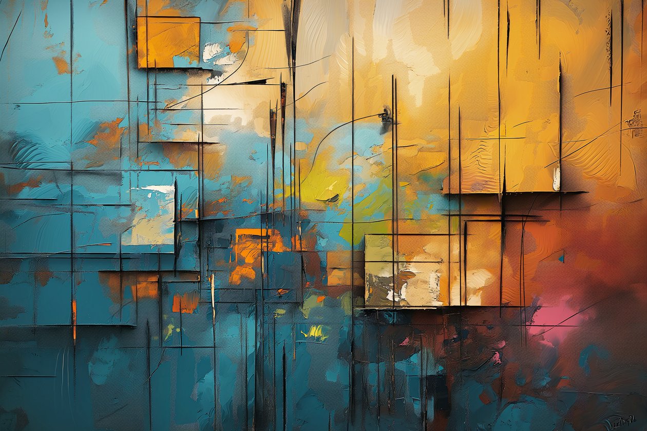 Acrylic Painting in Blue, Orange & Yellow by F. Abderrahim