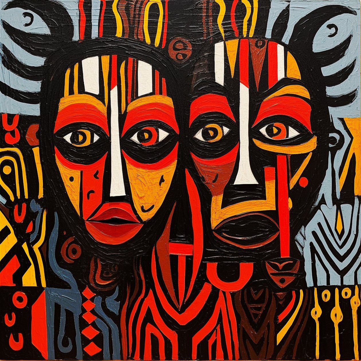 African Tribal Faces, Picasso Style Painting by F. Abderrahim