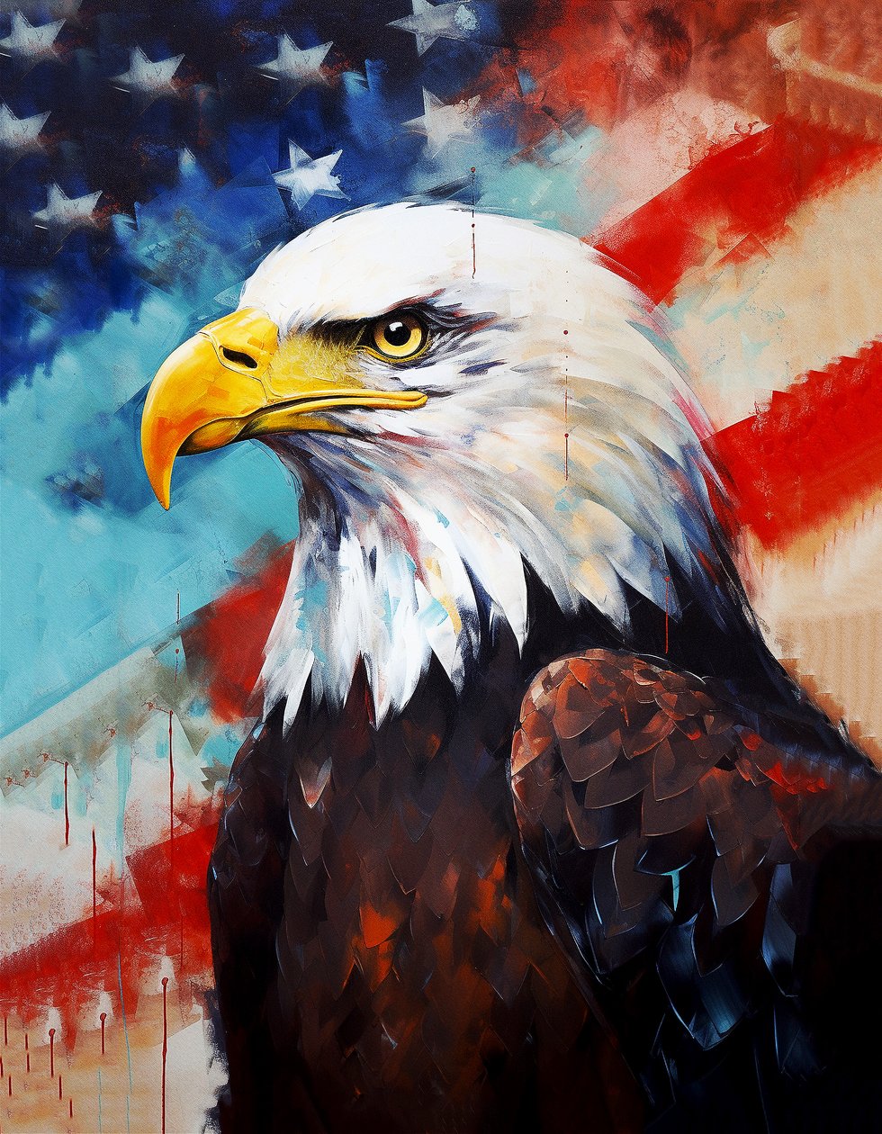 American Eagle, US Flag in the Background, Oil Painting, Room Decor, Wall Art Prints by F. Abderrahim