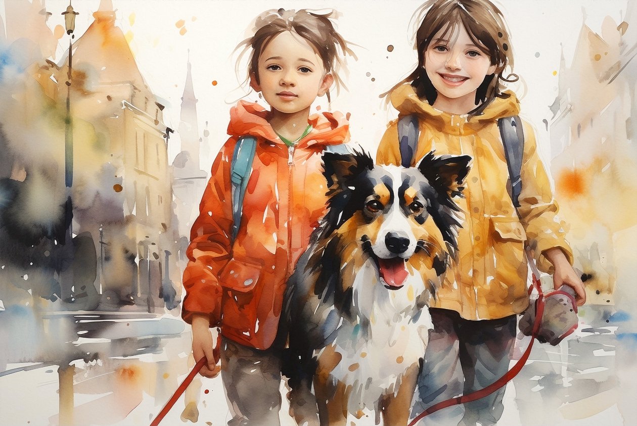 Watercolor Portrait Painting of Dog and Children by F. Abderrahim