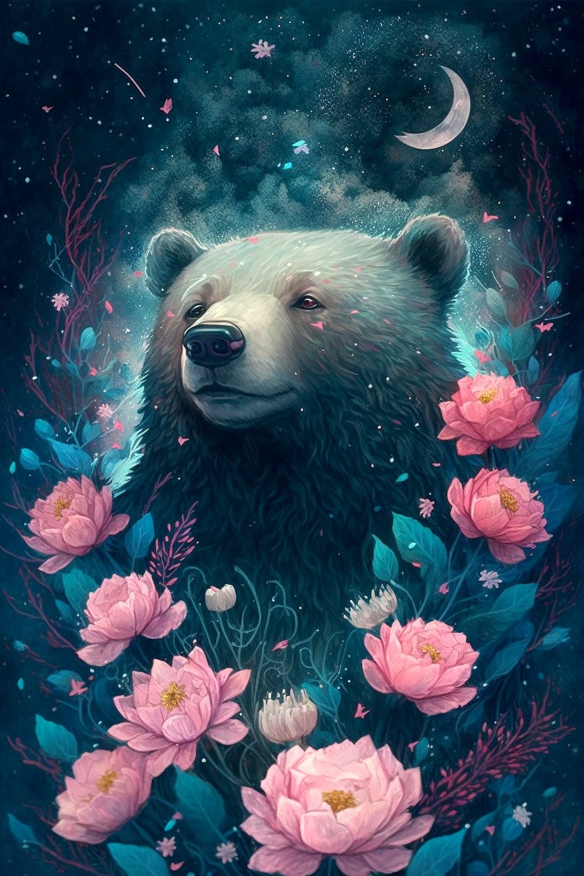 Bear in a Fantasy Dream Scene Surrounded by Flowers by F. Abderrahim