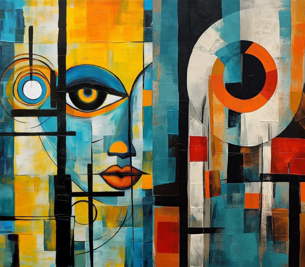Beautiful Cubist Painting, Female Face in Vivid Colors by F. Abderrahim