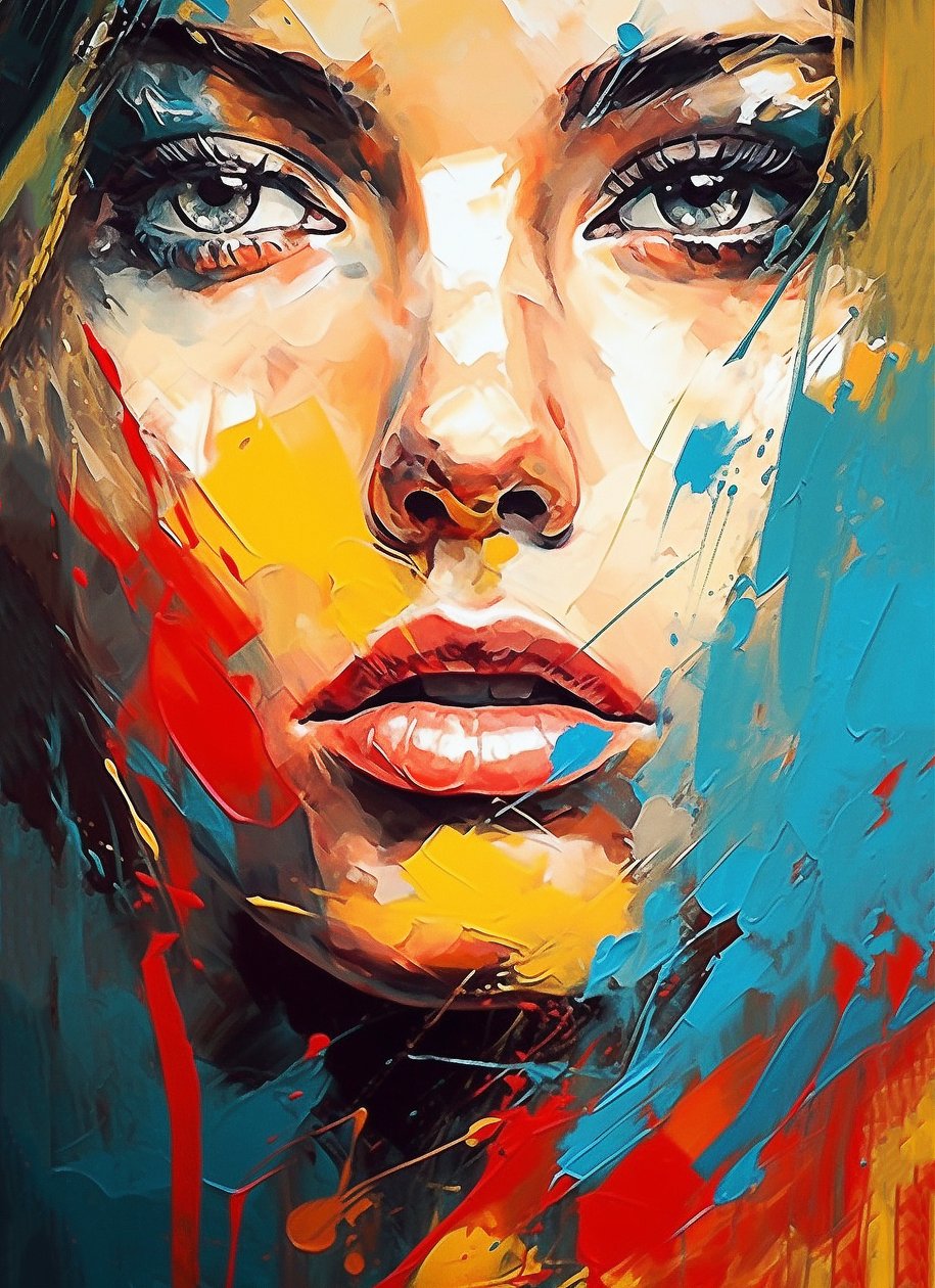 Beautiful woman face portrait drawing, blue eyes, expressionism style by F. Abderrahim
