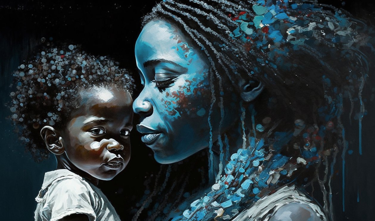 Emotional Portrait of an African Mother with Her Child by F. Abderrahim