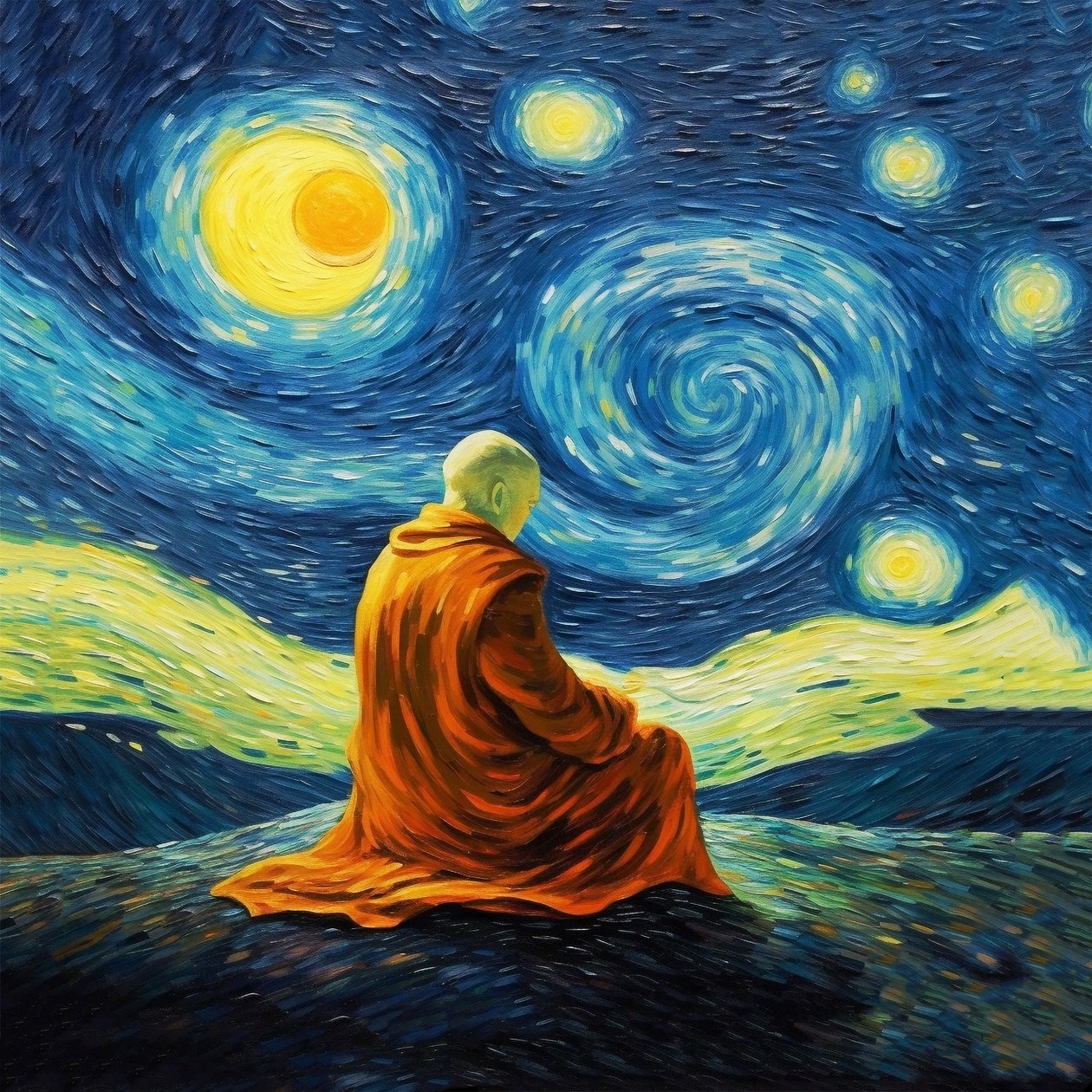Man in Meditation, Van Gogh Paintings Style, Yoga Pose Prints, Wall Art Prints by F. Abderrahim