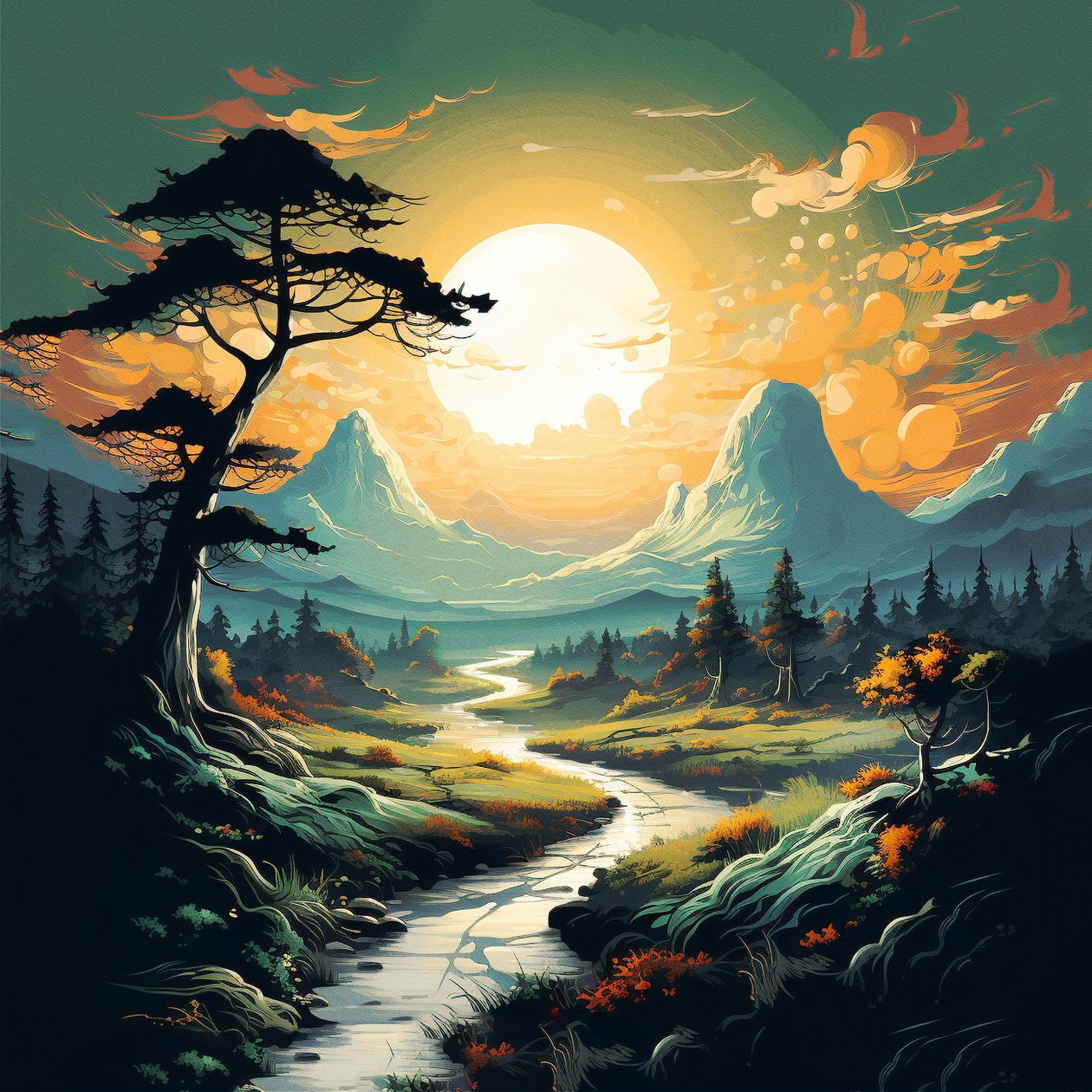 Mountain and river landscape sunrise by F. Abderrahim