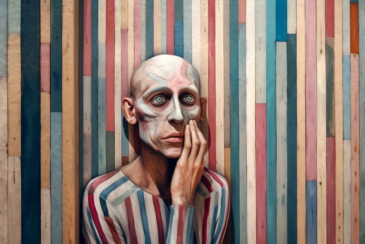 Surrealist painting of a sad man inspired by Giorgio de Chirico by F. Abderrahim