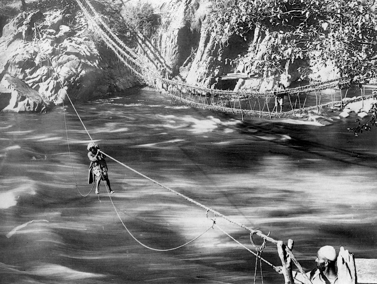Rope Bridge, Jhelum Valley, Kashmir, India, c1900 by F. Bremner