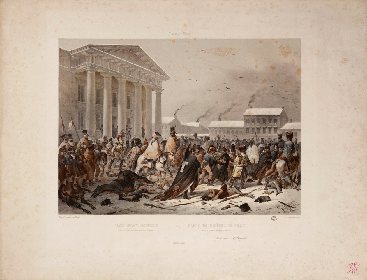 Retreating French army in the Town Hall Square of Vilna, engraved by ...