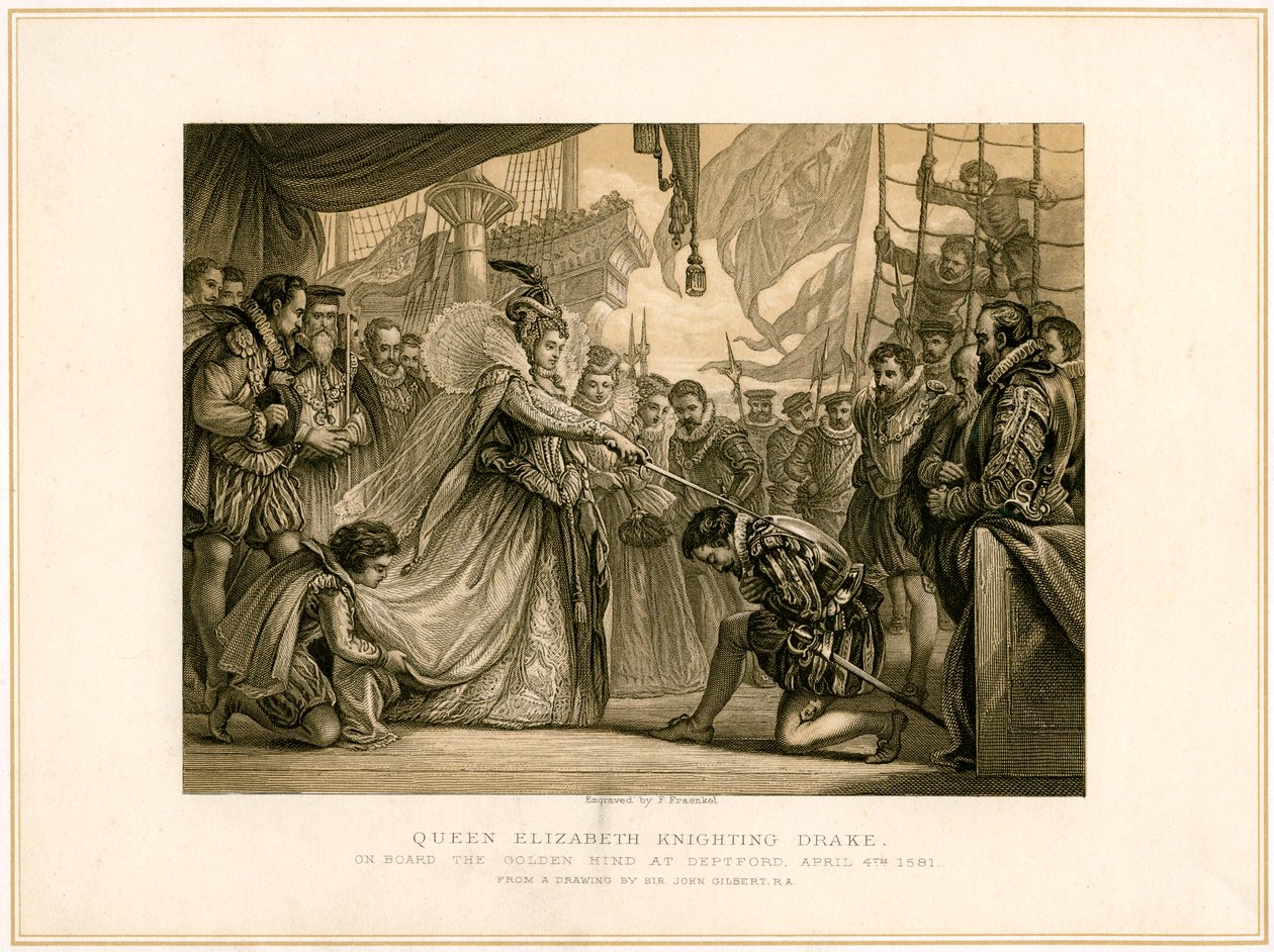 Queen Elizabeth Knighting Drake on board the Golden Hind, April 4th 1581, 19th century by F Fraenkel