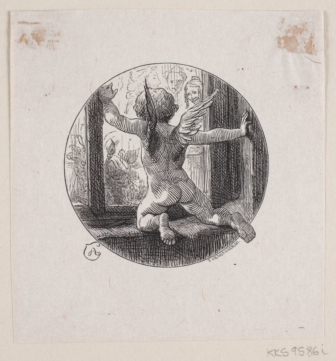 Circular Vignette with Flying Angel by F. Hendriksen