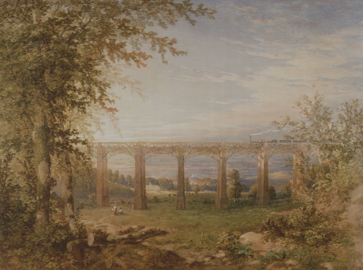 A Brick and Timber Railway Viaduct with Steam Train by F. S. Cook