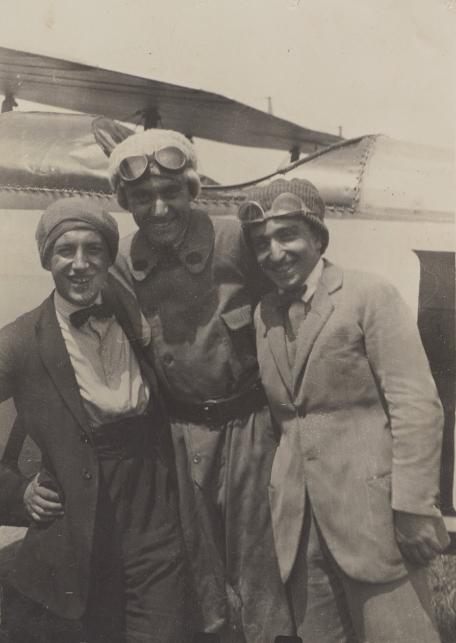 Portrait of Three Men Smiling in Front of an Airplane by Fedele Azari
