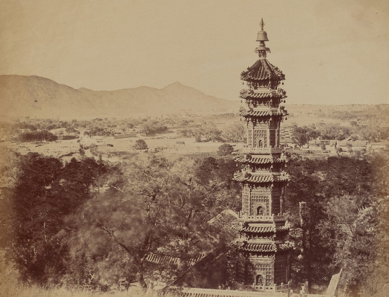 View of the Summer Palace Yuen Min Yuen, Pekin, Showing the Pagoda Before the Burning, October 1860 by Felice Beato