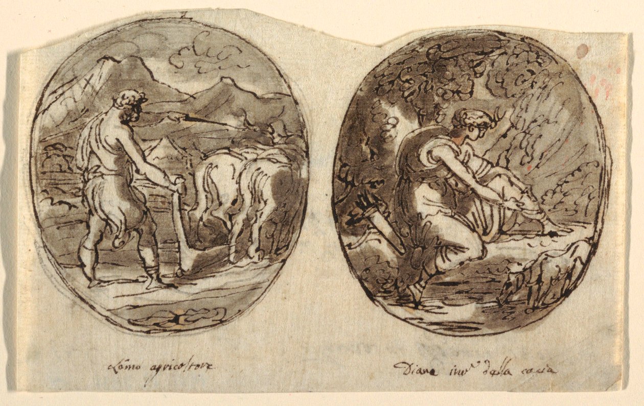 Man the Farmer, Diana the Goddess of the Hunt, Design for Vaulted Ceiling, Sala dei Legislatori, Palazzo Conti-Sinibaldi, Faenza by Felice Giani