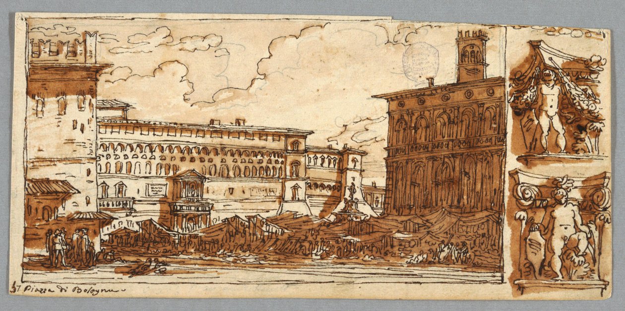 Sketchbook Page, Folio 57: Study after Piazza Emmanuelle in Bologna; Verso, Architectural Detail by Felice Giani
