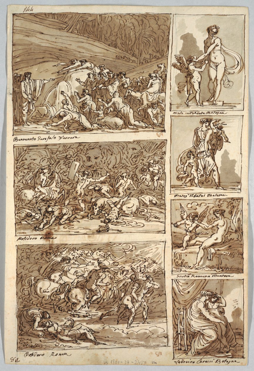 Sketchbook Page: Studies after Paintings in Ferrara, Rome, Bologna, Mantua after Artists Tibaldi, Raphael, Andrea del Sarto and Polidoro; Verso: Bird Skeleton and Horse