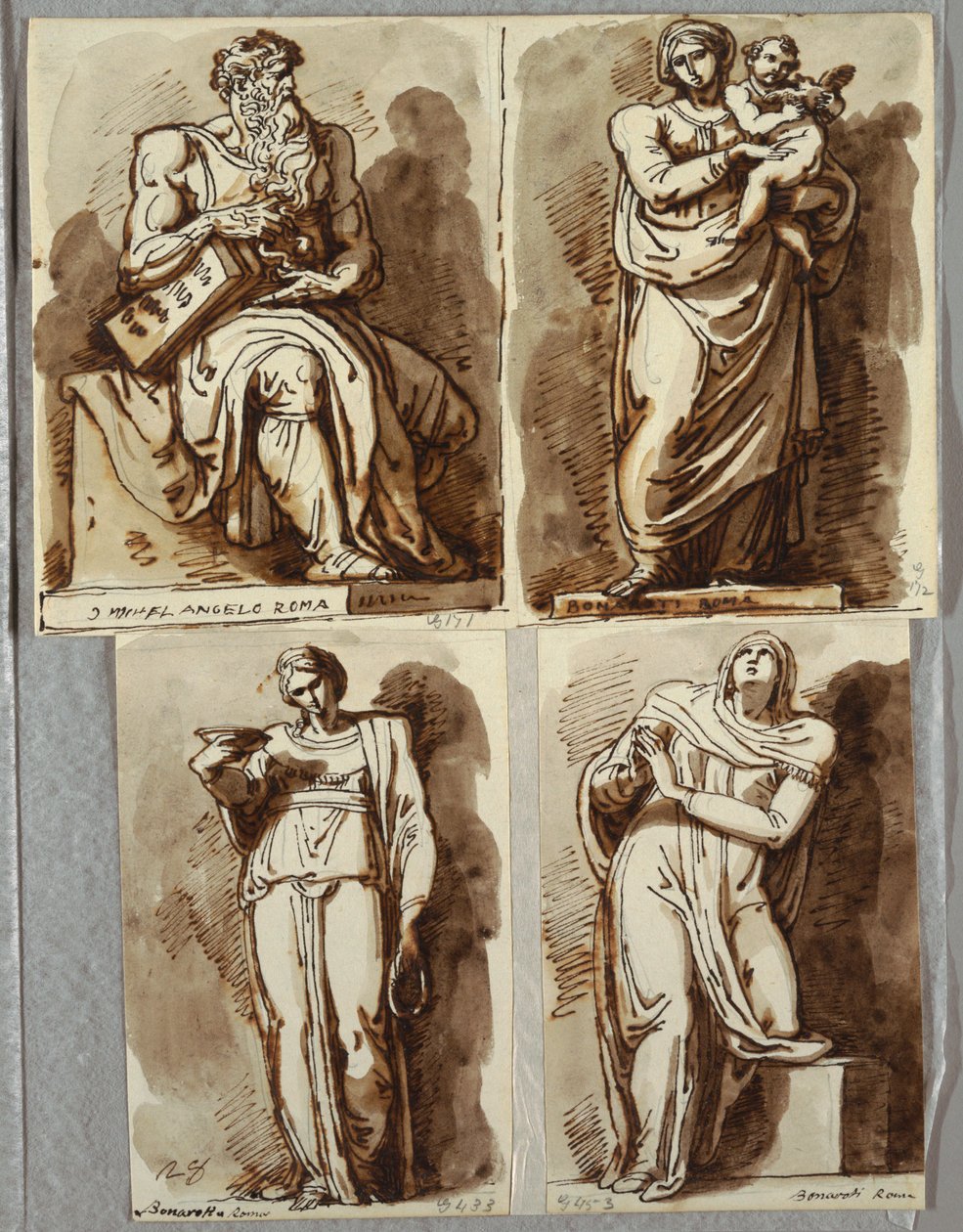 Studies after Four Statues on the Tomb of Julius II, after Michelangelo: Moses; Madonna and Child; Leah, Virtue; Rachel, Religion by Felice Giani