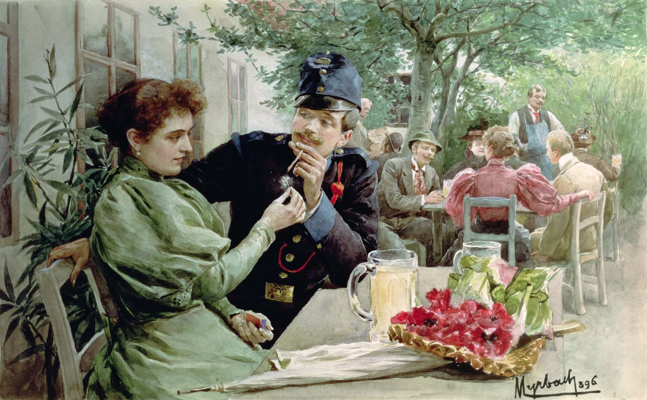 Soldier and a Young Girl Drinking New Wine by Felicien baron de Myrbach Rheinfeld