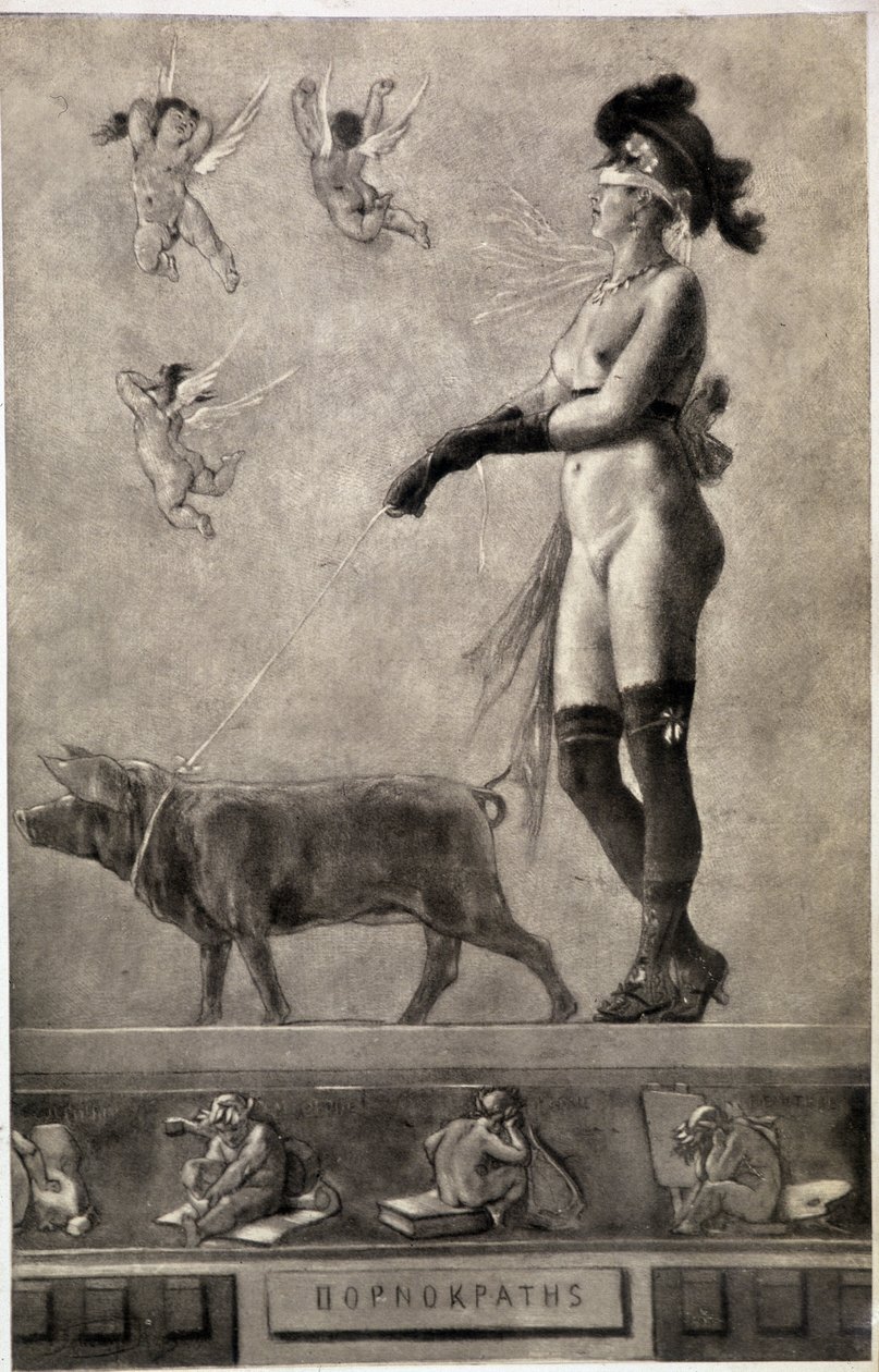 Pornokrates (Naked woman, eyes strips, surrounded by angels and holding a pig on a leash) - drawing by Felicien Rops (1833-1898) by Félicien Rops