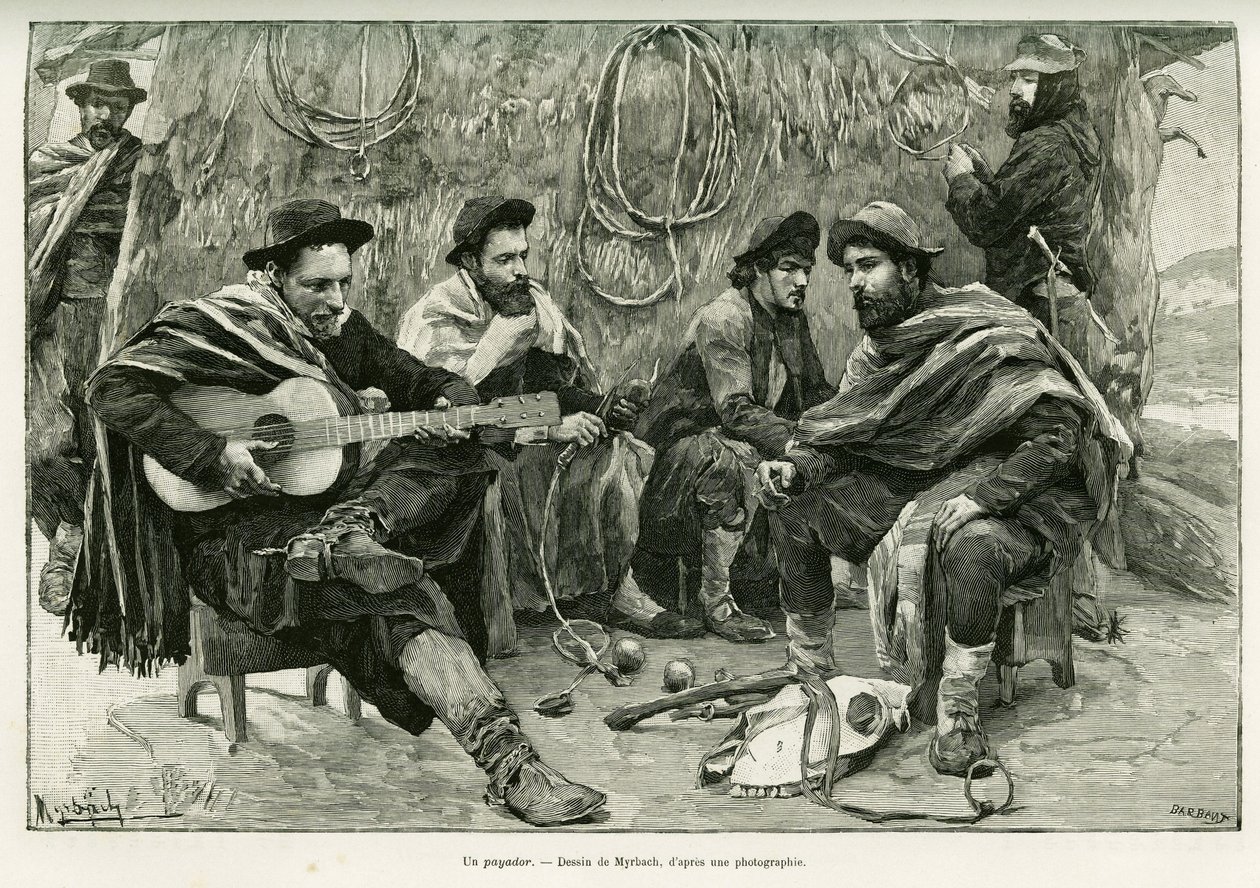 A payador, duel in verse of walking singers. Engraving to illustrate the story Voyage a la Plata, in 1886, by Emile Daireaux, in le tour du monde 1888, directed by Edouard Charton, Hachette, Paris. by Felicien baron de Myrbach Rheinfeld