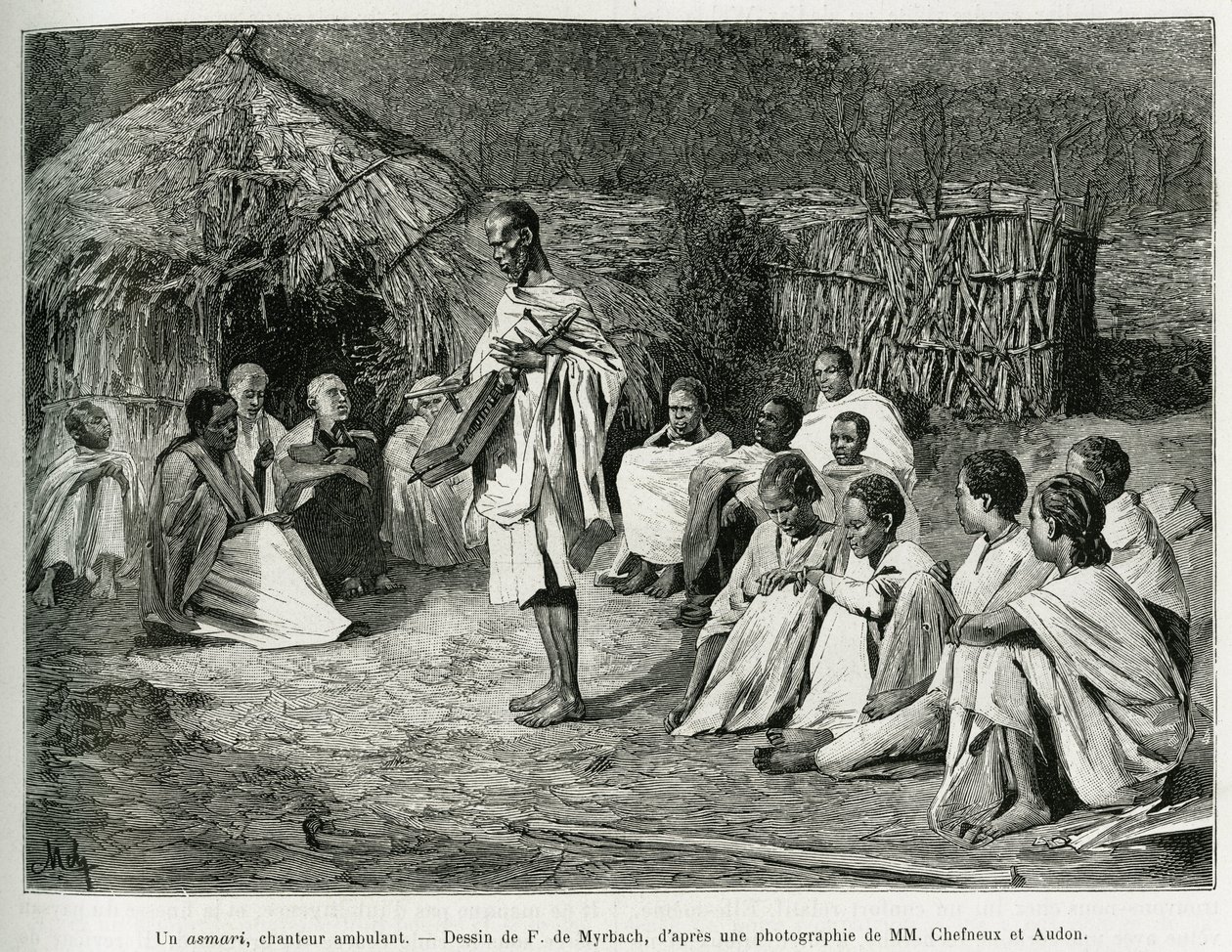 An asmari, a walking singer. Engraving after a photograph, to illustrate the story Voyage au Choa (Abyssinie meridionale), in 1884-1888, by Henry Audon, in le tour du monde 1889, directed by Edouard Charton, Hachette, Paris. by Felicien baron de Myrbach Rheinfeld