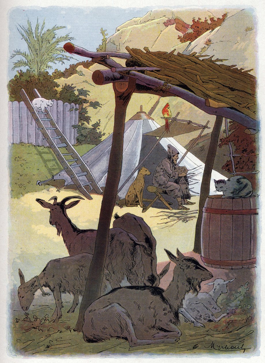Robinson Crusoe home with his animals by Felicien baron de Myrbach Rheinfeld
