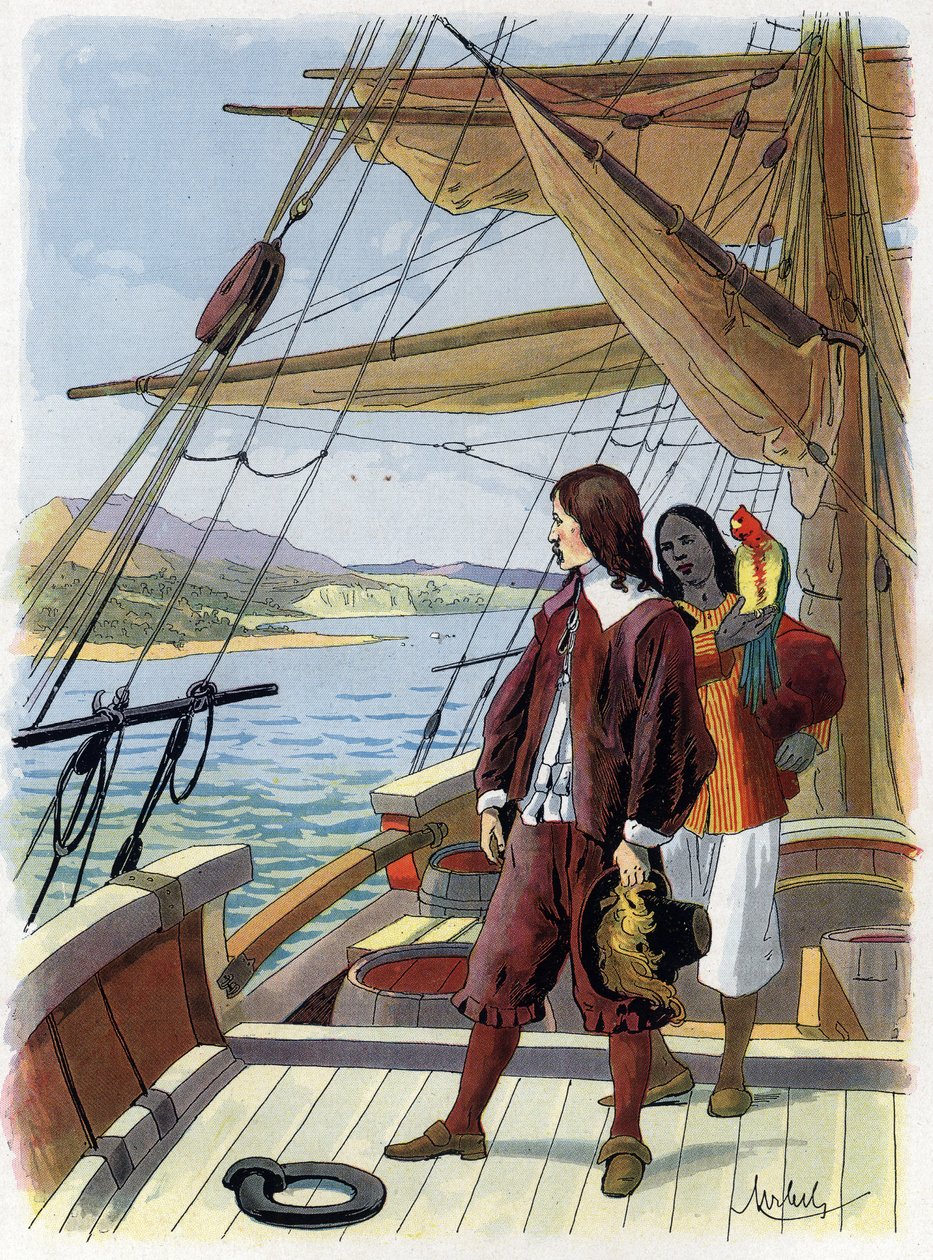 Robinson Crusoe leaves his island - Illustration by Felician Myrbach Rheinfeld for the Book of Daniel Defoe Robinson Crusoe. No Date. About 1934 by Felicien baron de Myrbach Rheinfeld