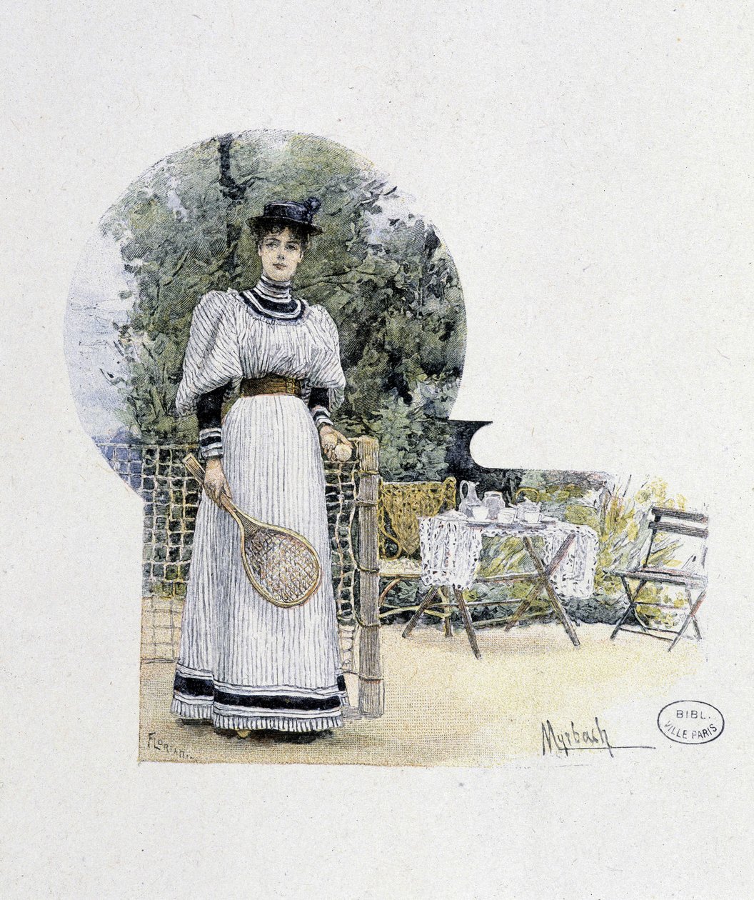 Young woman on a tennis court - engraving, late 19th century by Felicien baron de Myrbach Rheinfeld