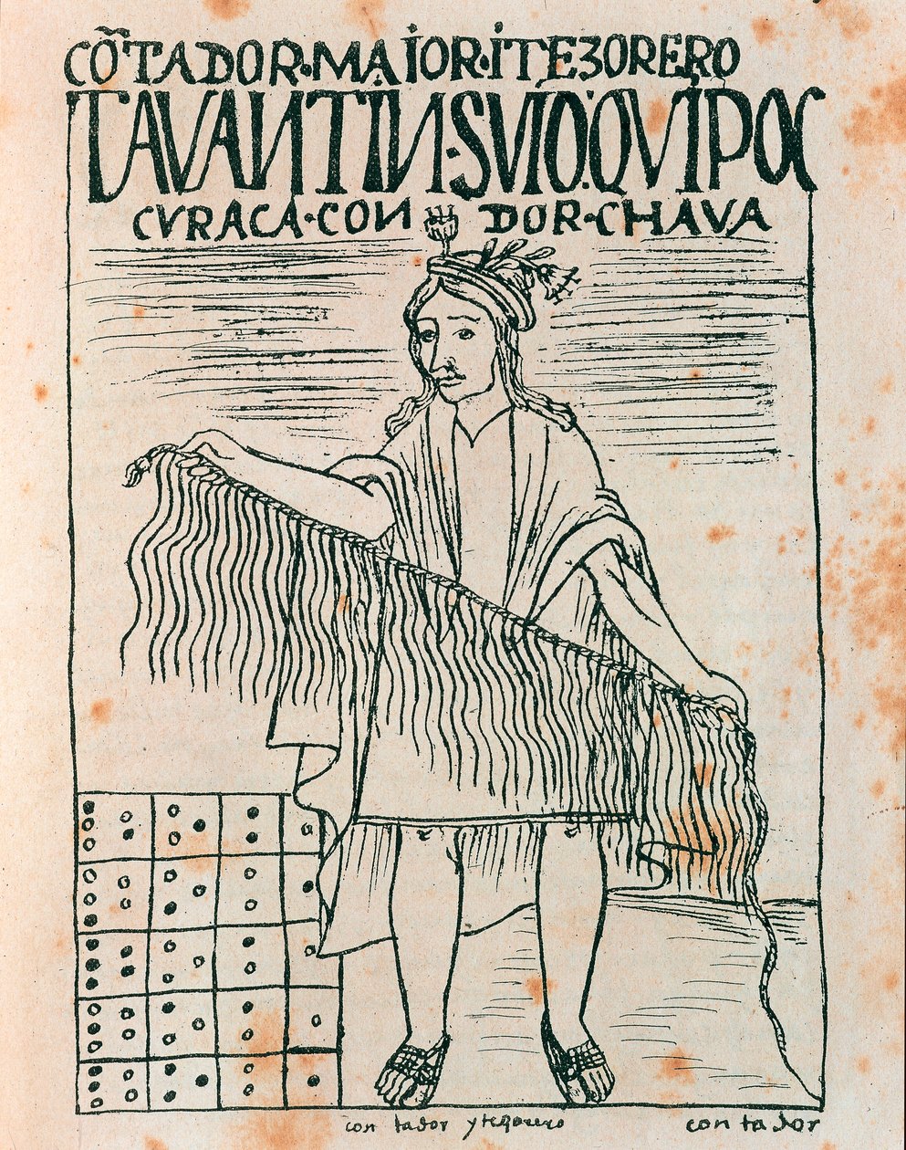 Inca man holding a quipu by Felipe Huaman Poma de Ayala