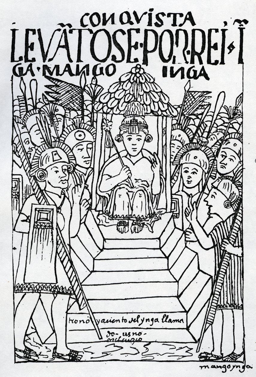 The Newly Crowned Manco Inca on the Throne at Cuzco by Felipe Huaman Poma de Ayala