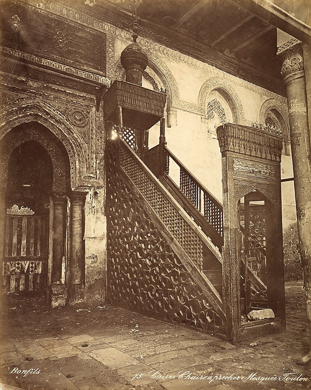 The minbad, antique wooden chair, housed in the Mosque of Ibn Tulun in Cairo, Egypt by Félix Bonfils